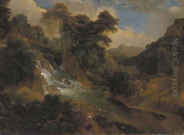 A Wooded Landscape With Women By A Waterfall Oil Painting by Jean-Francois Millet