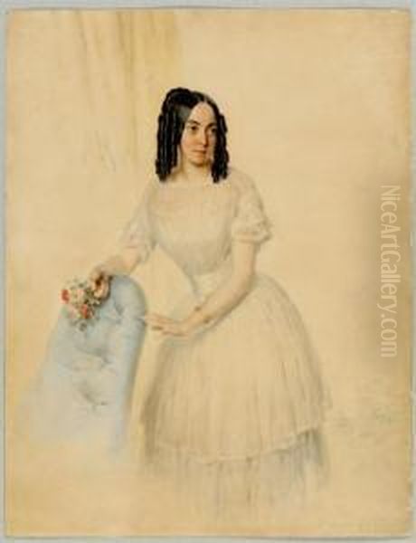 Portrait Of A Young Lady In White Dress. Oil Painting by Frederic Millet