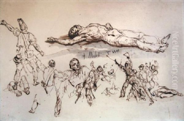 Etudes Pour Un Soldat Mort Et Scenes De Combat Oil Painting by Jean-Francois Millet