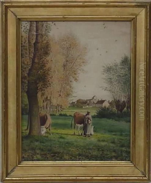 Paysanne Et Ses Vaches Oil Painting by Jean-Francois Millet