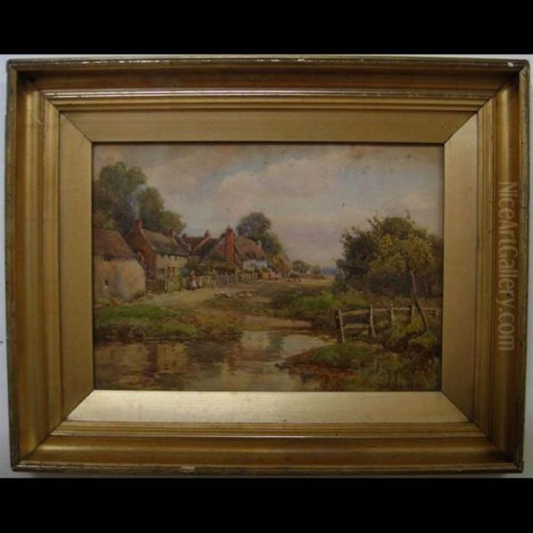 Figures And Ducks Before Cottages Oil Painting by James W. Milliken