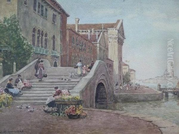 Venetian Scene With Flower Sellers Oil Painting by James W. Milliken