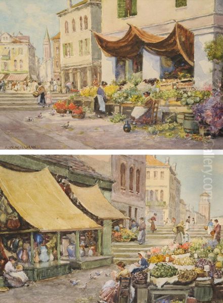 A Venetian Market Place Oil Painting by James W. Milliken