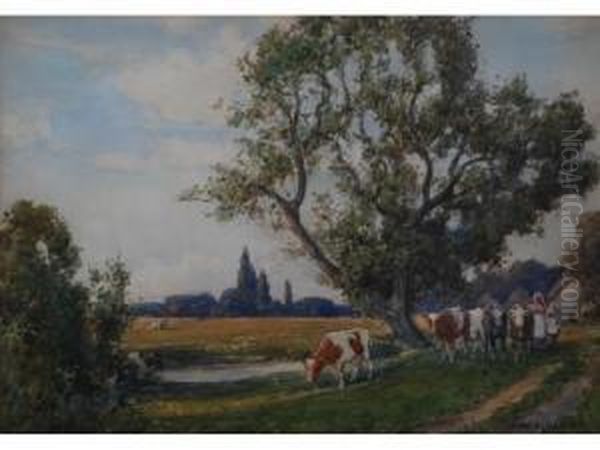 'afternoon Near Shotwick' And 'milking Time Oil Painting by J.W. Millikin