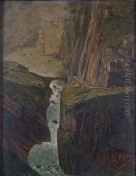 Schlucht Mit Wasserfall Im Hochgebirge Oil Painting by Alexandre Louis R. Millin Du Perreux