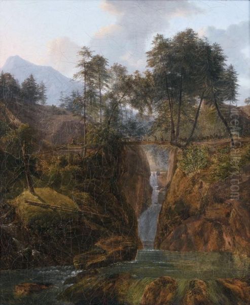 Paysage De Hautes Montagnes Avec Cascade Oil Painting by Alexandre Louis R. Millin Du Perreux