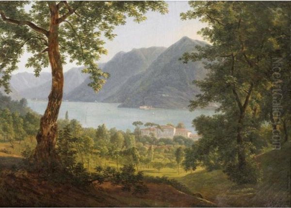 Vue Du Lac De Come, Prise Au Dessus Du Palais Odescalchi [ ; View Of The Lake Of Como ; Oil On Canvas Signed And Dated 1805] Oil Painting by Alexandre Louis R. Millin Du Perreux