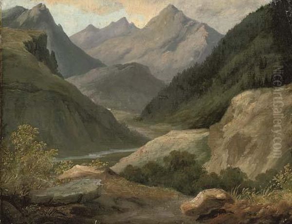 A Valley In The Pyrenees Oil Painting by Alexandre Louis R. Millin Du Perreux