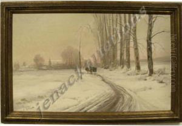 Winter Eveningscene With Village And Figures Oil Painting by Joseph Million