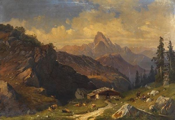 Hochgebirgslandschaft Mit Almhutte Und Hirten Oil Painting by Karl Millner