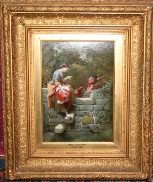 Country Maid Sitting On A Wall In Conversation With A Gamekeeper Oil Painting by William Edward Millner