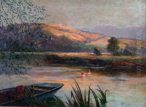 Two Figures Bathing In A River With Moored Punt Oil Painting by William Edward Millner