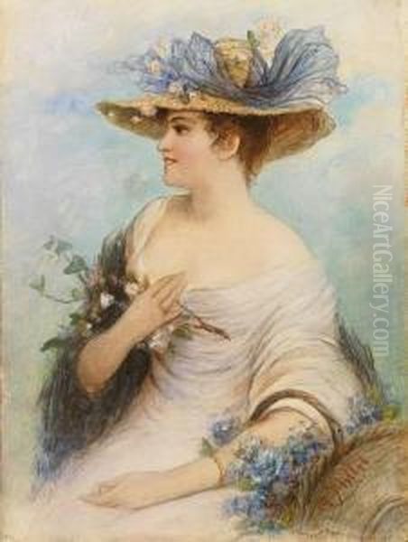 Portrait Einer Sitzendenjungen Frau Mit Hut Und Blumen Oil Painting by Adolphe Philippe Millot