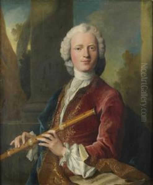 Portrait De Gentilhomme Jouant De La Flute Traversiere Oil Painting by Henri Millot