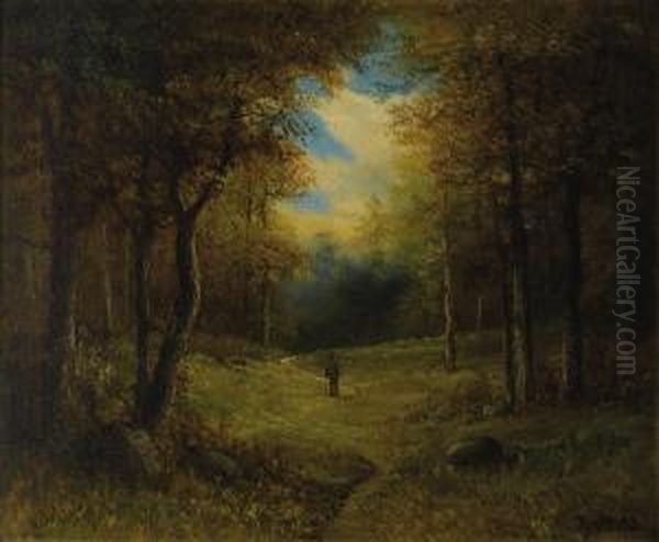 Man Strolling In A Wooded Landscape Oil Painting by A.A. Mills