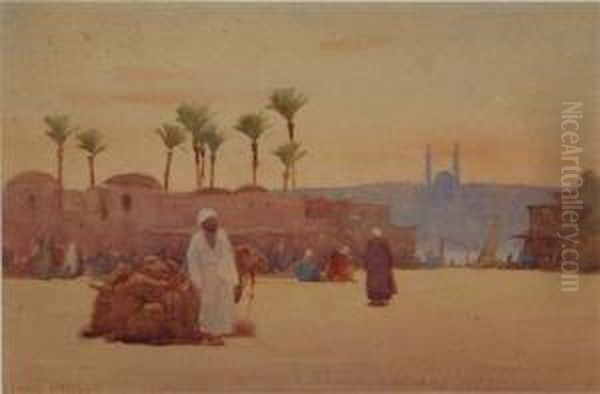 An Arab And His Camel With A View Of Cairo Beyond Oil Painting by Edward Mills