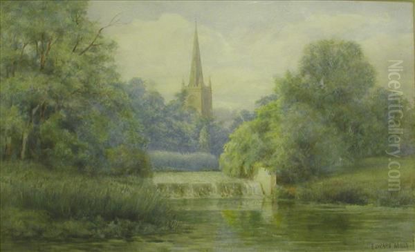 River Scene With Church Spire Visible Oil Painting by Edward Mills