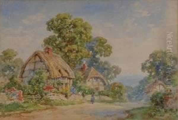 Thatched Cottages And Figures Talking Over The Garden Gate Oil Painting by H. Mills