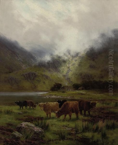 Cattle Grazing Before A Loch, A Cottage Beyond Oil Painting by A Millward