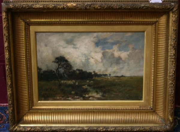 Sheep Grazing In Extensive Landscape Oil Painting by Joseph Milner