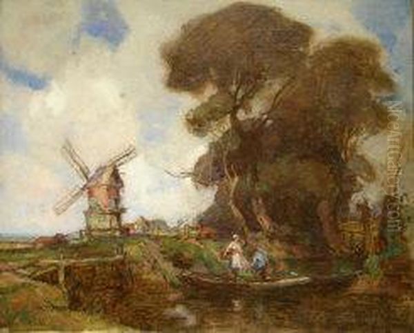 Ferry By A Windmill Oil Painting by William Milne