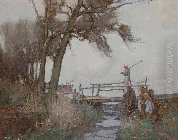 Fishing From The Old Bridge Oil Painting by William Watt Milne