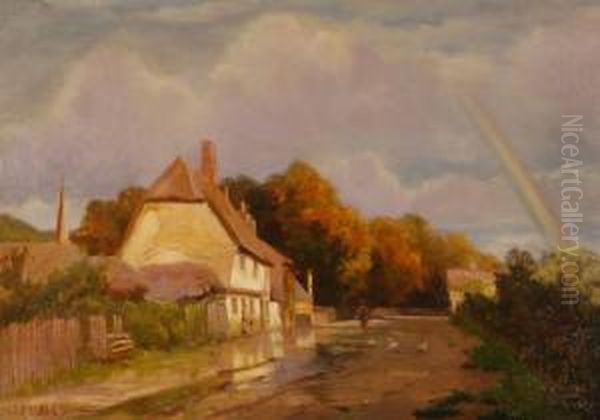 Rainbow Over A Rural Village Oil Painting by Frederick Milner