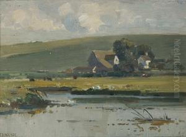 River Landscape, Bedfordshire Oil Painting by Frederick Milner