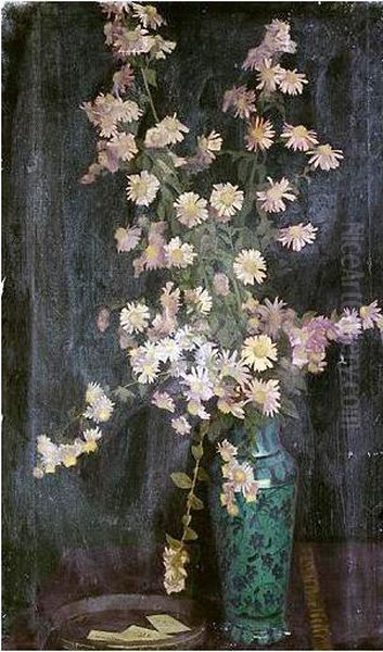 Still Life Of Flowers In A Tall Blue Cloisonne Vase Oil Painting by William M. Milner