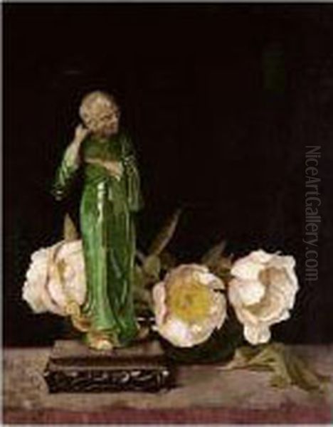 Still Life Of Chinese Statuette With Roses Oil Painting by William M. Milner