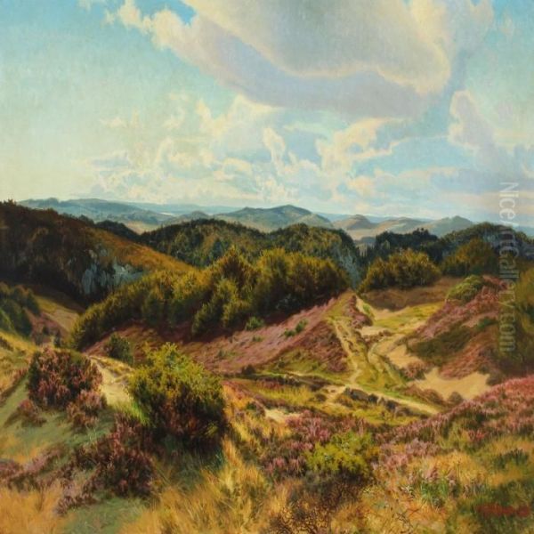 Moor Landscape With Heather In Bloom Oil Painting by Carl Milton Jensen