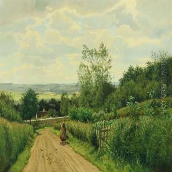 Landscape With Milkmaid On A Dirt Road Oil Painting by Carl Milton Jensen