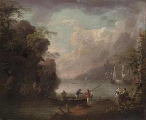 A Mediterranean Coastal Landscape With Fishermen In The Foreground Oil Painting by John Milton