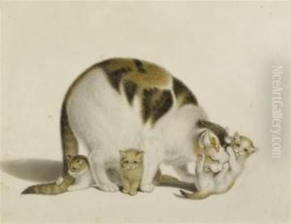 Mother Cat With Three Young Oil Painting by Gottfried Mind