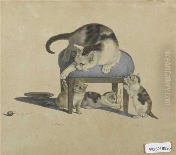 Die Katzenfamilie Mit Dem Tabouret Oil Painting by Gottfried Mind