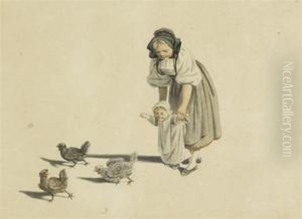 Young Mother Withsmall Child And Three Chickens Oil Painting by Gottfried Mind