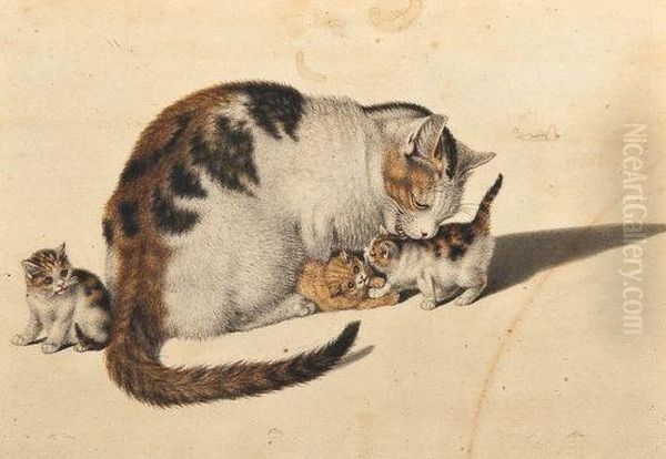 Cat And Kittens Oil Painting by Gottfried Mind