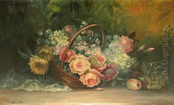 Bodegon De Flores Y Frutas Oil Painting by Eliseo Minguez