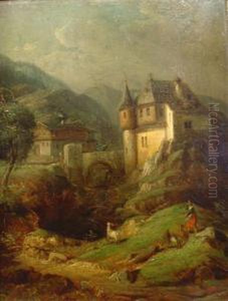 J. : 'burg In Den Bergen' Oil Painting by P. Joseph Minjon