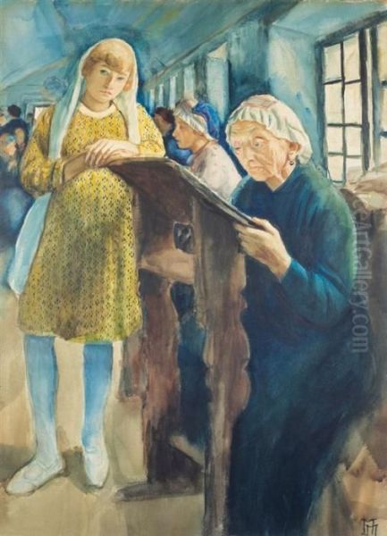 Family In A Synagogue Oil Painting by Maurice Minkowski