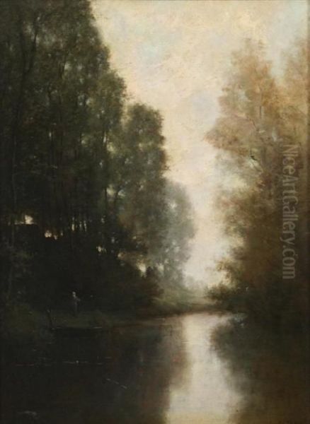 River Landscape At Dawn Oil Painting by Robert Crannell Minor