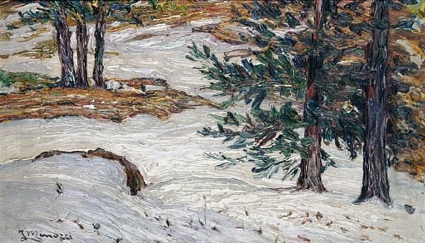 A Winter Woodland Scene Oil Painting by Filiberto Minozzi