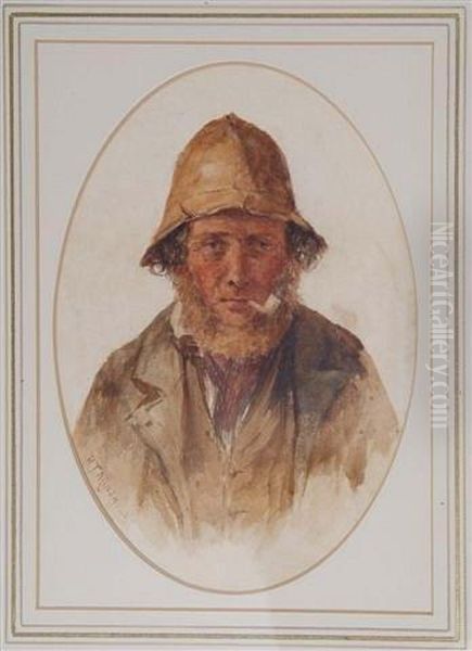 Portrait Of A Cornish Fisherman Smoking A Pipe Oil Painting by R.T. Minshull