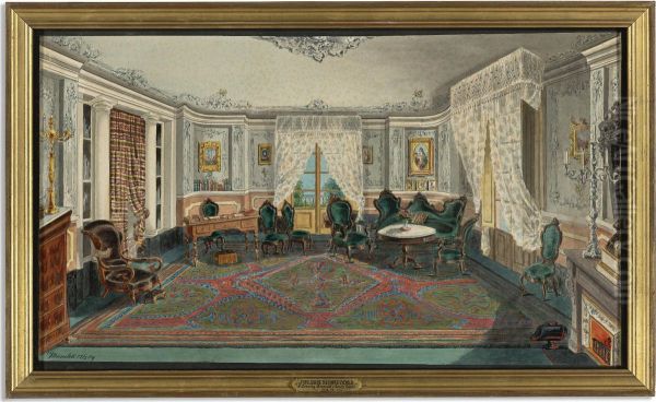 A Drawing Room With With Green Carpet And Upholstered Furniture At The Proxos D'en Xifre, Bacelona Oil Painting by Julius Minutoli