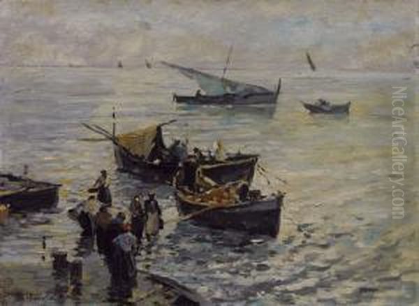 Pescatori Al Tramonto Oil Painting by Mario Mirabella