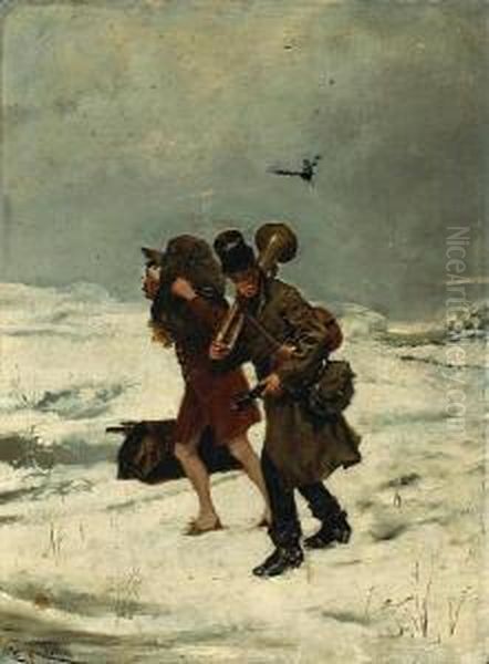 Travelling Musicians In The Snow Oil Painting by Enrique Miralles Darmanin