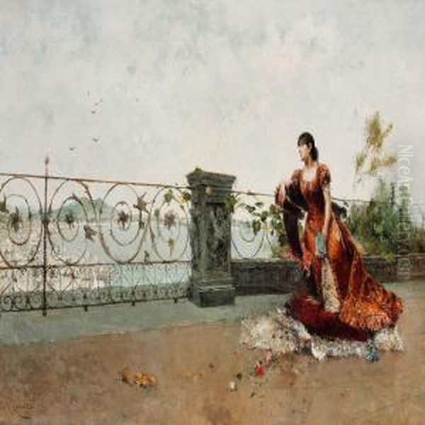 A Young Lady Enjoying The View From A Terrace Oil Painting by Francisco Miralles Galup