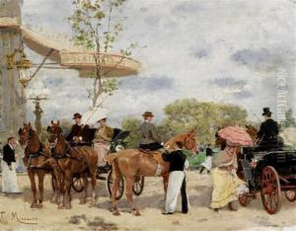 Street Scene With Coaches And Riders Before An Inn Oil Painting by Francisco Miralles Galup