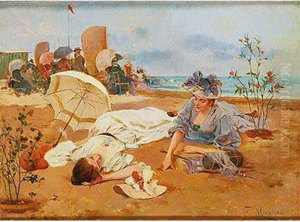 Damas Tendidas En La Paris-plage Oil Painting by Francisco Miralles Galup