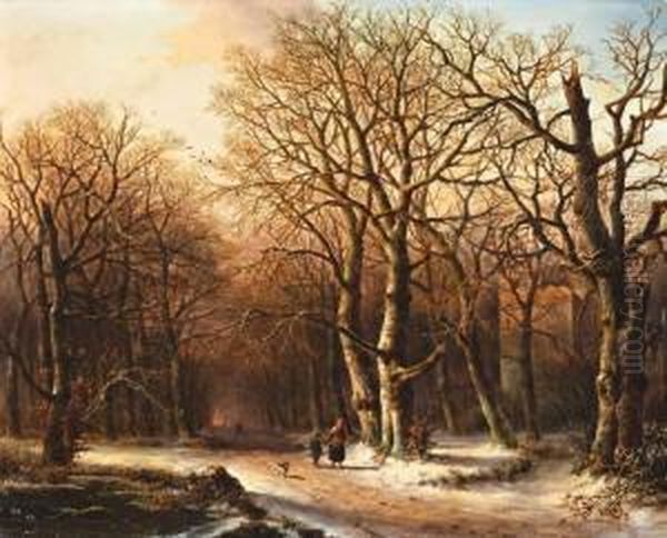 Houtsprokkelaars In Winters Bos Oil Painting by Everardus Benedictus Gregorius Mirani